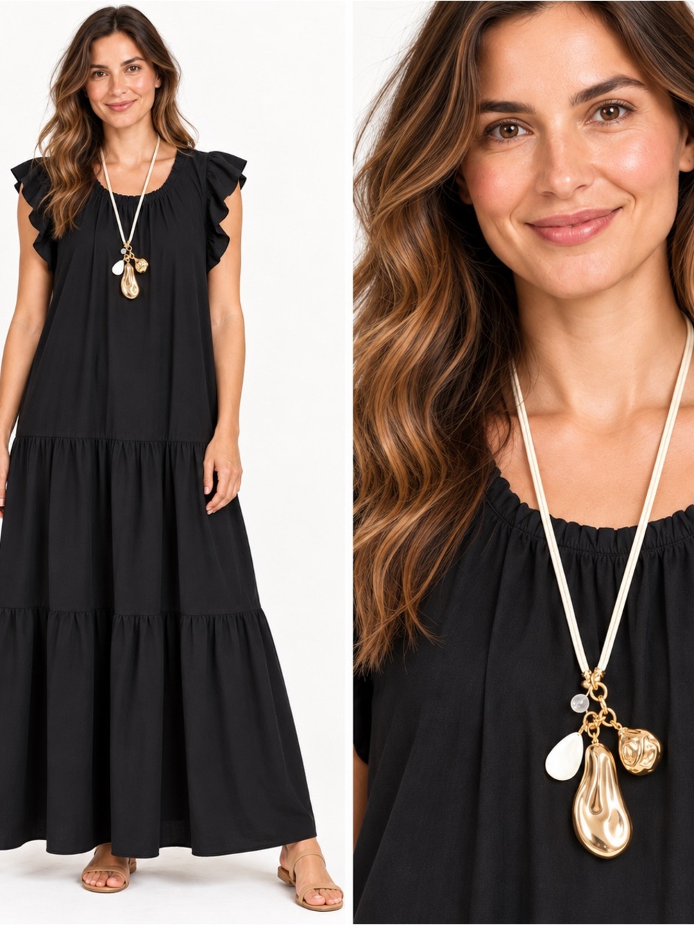 NWT Lilla P Black Tiered Maxi Dress M + NWT Anthropologie Stone Charm Necklace